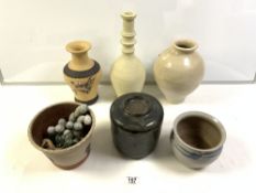 CHINESE FLORAL DECORATED TERRACOTTA VASE, 25 CMS, AND A GLAZED POTTERY VASE AND OTHER POTTERY