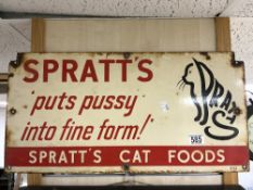 VINTAGE ENAMEL ADVERTISING SIGN - SPRATTS " PUTS PUSSY INTO FINE FORM !" - SPRATTS CAT FOOD,