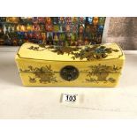 MODERN CHINESE YELLOW AND GOLD LACQUER TRINKET BOX, SHAPED AS A HEADREST, 26 CM.