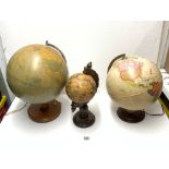 TWO LIGHT UP TERRESTRIAL GLOBES, AND A SMALLER GLOBE ON WOODEN STAND.