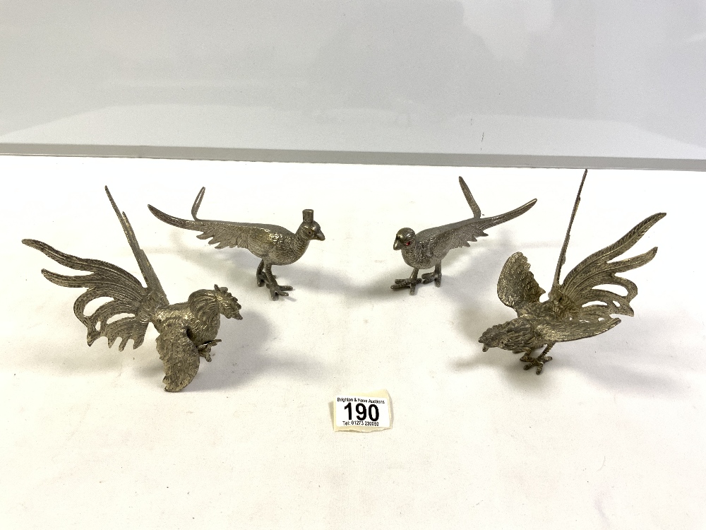 TWO SILVER PLATED FIGHTING COCKS, AND A PAIR OF PHEASANTS.