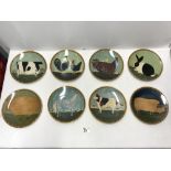 SET OF EIGHT WARREN KIMBLE BARNYARD ANIMAL DECORATED WALL PLATES.