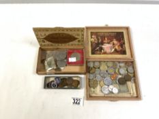 QUANTITY OF MIXED COINS, BADGES AND BANK NOTES.