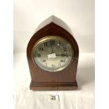 EDWARDIAN INLAID MAHOGANY LANCET MANTEL CLOCK, WITH A BRITISH JEROME MOVEMENT.31 CMS.