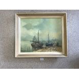 LILIAN HORZDEN - SIGNED OIL ON CANVAS HARBOUR SCENE FRAMED A/F 71.5 X 62CM