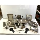 TWO SILVER PLATED PHOTO FRAMES, OTHER PLATED WARES, AND OTHER METALWARE.