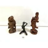 CHINESE CARVED WOODEN FIGURE OF A BUDDHA, 26 CM, AND TWO OTHER FIGURES.