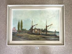 W.F BURTON ENGLAND DATED 1973 OIL ON BOARD FRAMED BOATS ON THE BANK OF THE RIVER 90 X 64CM