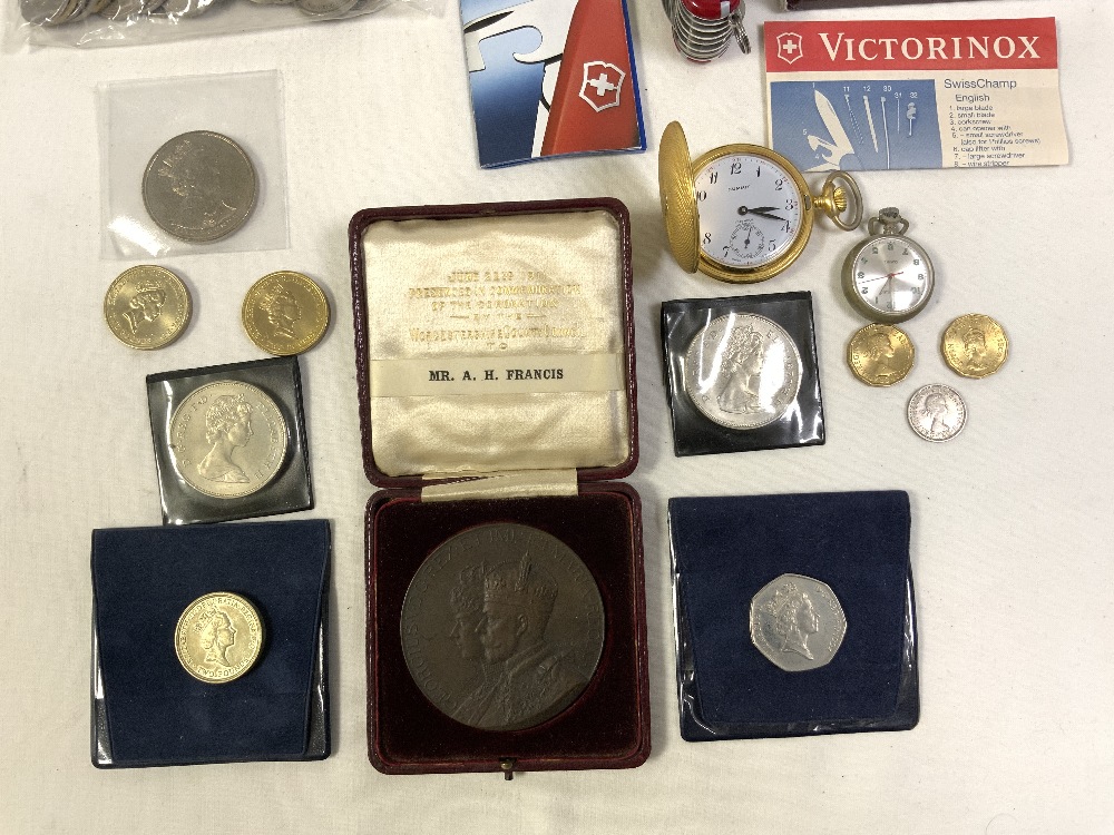 1911 BRONZE PRESENTATION MEDALLION IN CASE, TWO POCKET WATCHES, MIXED COINS AND SWISS ARMY KNIFE. - Image 2 of 5