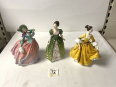 THREE ROYAL DOULTON FIGURES " AUTUMN BREEZES " HN1911, " GEMMA " HN3661, [ HAND REPAIRED ], AND "