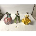 THREE ROYAL DOULTON FIGURES " AUTUMN BREEZES " HN1911, " GEMMA " HN3661, [ HAND REPAIRED ], AND "