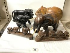 CARVED FIGURE OF EBONY LION, ELEPHANT, HARDWOOD HIPPO, AND MORE.