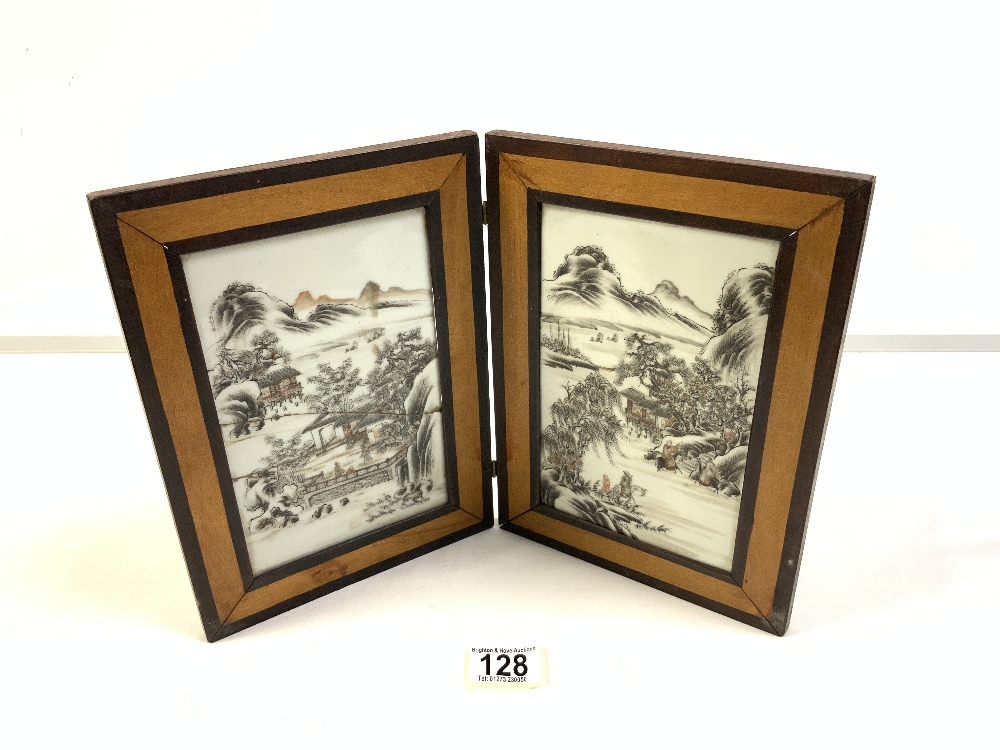 CHINESE GRISAILLE DECORATED PORCELAIN TWO FOLD TABLE SCREEN, [ 1 PANEL A/F ] 38X26 CMS.