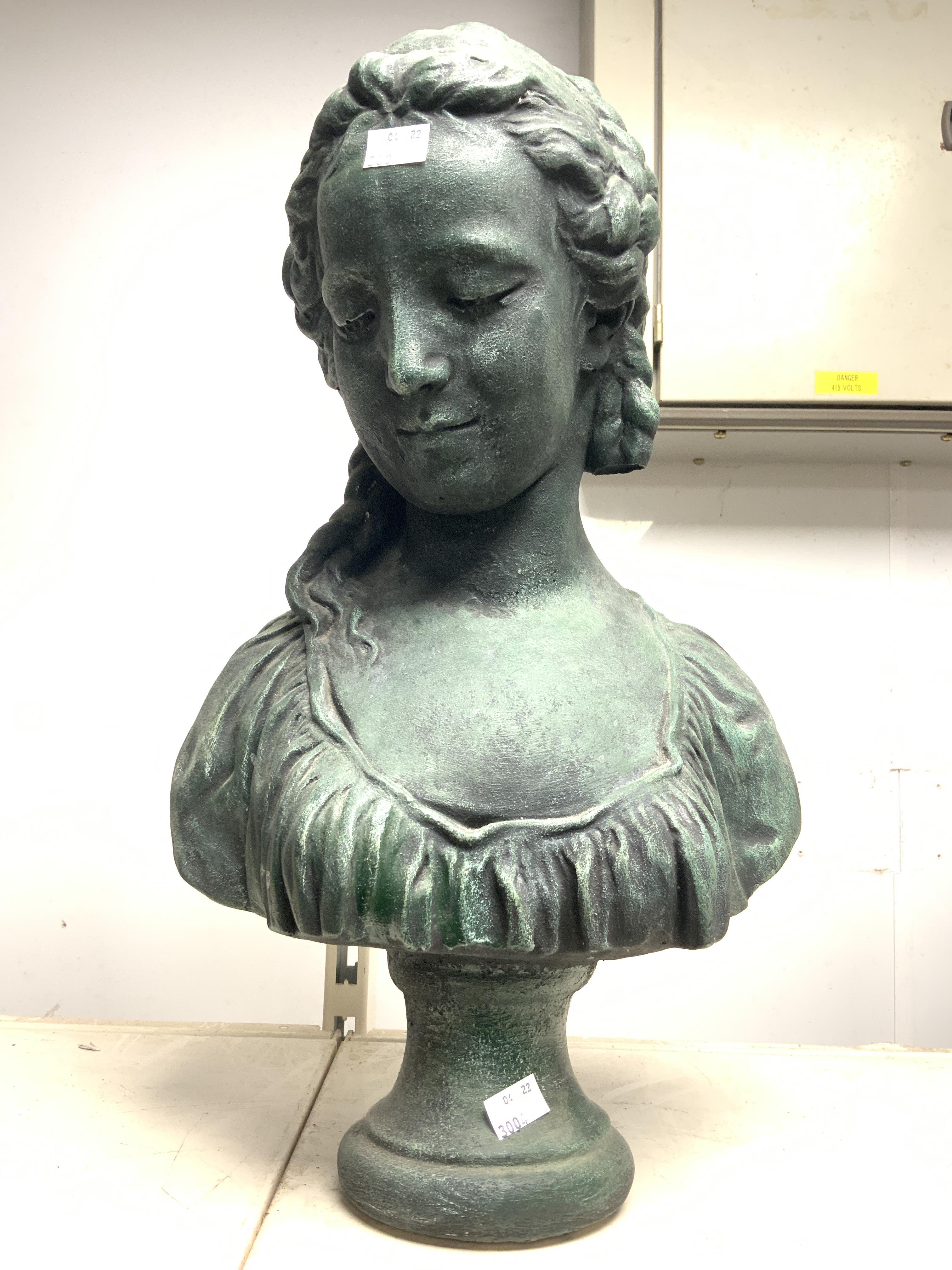 A RECONSTITUTED STONE BUST OF A YOUNG LADY, 54 CMS. - Image 2 of 3