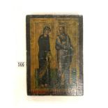 UNFRAMED OIL ON PINE PANEL - RELIGOUS ICON DEPICTING TWO FIGURES, 22X32 CMS.