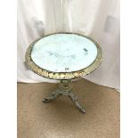 A BLUE AND GILT PAINTED VICTORIAN CIRCULAR TABLE, 60X74 CMS.