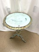 A BLUE AND GILT PAINTED VICTORIAN CIRCULAR TABLE, 60X74 CMS.