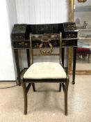 A 20TH-CENTURY BLACK AND GOLD LAQUER CARLTON HOUSE DESK, 100X60X100 CMS, AND A MATCHING CHAIR.