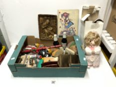 A PRECIOUS MOMENTS DOLL IN BOX, AND WOODEN SUNDRIES ETC.