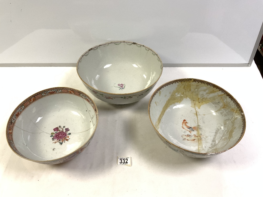 THREE CHINESE FAMILLE ROSE BOWLS, A/F, 32 CMS DIAMETER LARGEST.