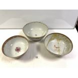 THREE CHINESE FAMILLE ROSE BOWLS, A/F, 32 CMS DIAMETER LARGEST.