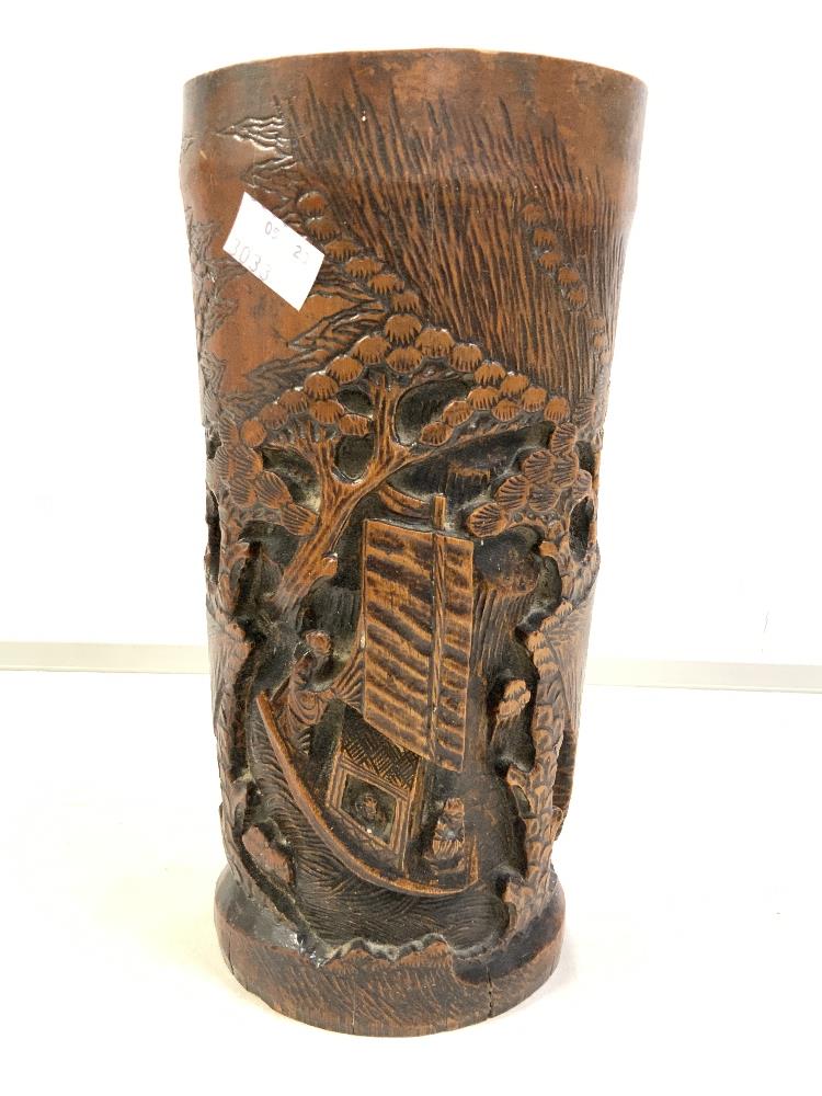 A CHINESE CARVED BAMBOO BRUSH POT, 27CMS. - Image 2 of 5