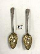 PAIR OF GEORGE III HALLMARKED SILVER TABLESPOONS WITH GILT EMBOSSED BOWLS DATED 1811 BY WILLIAM