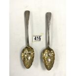 PAIR OF GEORGE III HALLMARKED SILVER TABLESPOONS WITH GILT EMBOSSED BOWLS DATED 1811 BY WILLIAM