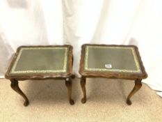 A PAIR OF LEATHER TOPPED OCCASIONAL TABLES ON CABRIOLE LEGS, 44X34X40 CMS.