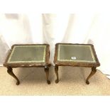 A PAIR OF LEATHER TOPPED OCCASIONAL TABLES ON CABRIOLE LEGS, 44X34X40 CMS.
