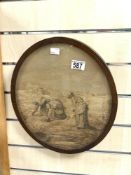 ANTIQUE OVAL NEEDLEWORK PICTURE OF THREE LADYS HARVEST PICKING, 33X38 CMS.