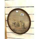 ANTIQUE OVAL NEEDLEWORK PICTURE OF THREE LADYS HARVEST PICKING, 33X38 CMS.