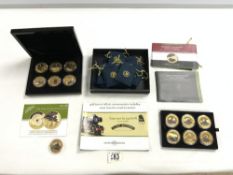 TWO SETS OF SIX FLYING SCOTSMAN COMMEMORATIVE GOLD-PLATED COINS, AND SOME LOOSE WITH CERTIFICATES.