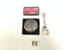 ART DECO HALLMARKED SILVER COMPACT DATED 1928 WITH ENAMEL (SLIGHT DAMAGE) 925 CARD CASE AND
