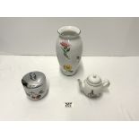 ROYAL WORCESTER EGG CODDLER, MODERN CERAMIC TIFFANY FLORAL VASE, 23 CM, AND A SMALL WEDGWOOD PETER