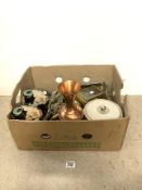 BRASS CARRIAGE LAMP, COPPER VASE AND PAIR METAL CANDLESTICKS ETC.
