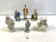 TWO CHINESE PORCELAIN FIGURES, 20 CMS, MEISSEN PORCELAIN FIGURE OF A SOLDIER A/F, TWO OTHER