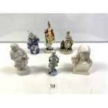 TWO CHINESE PORCELAIN FIGURES, 20 CMS, MEISSEN PORCELAIN FIGURE OF A SOLDIER A/F, TWO OTHER