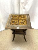 A LATE VICTORIAN CARVED TILE TOP TWO TIER OCCASIONAL TABLE.