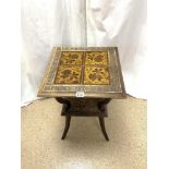 A LATE VICTORIAN CARVED TILE TOP TWO TIER OCCASIONAL TABLE.