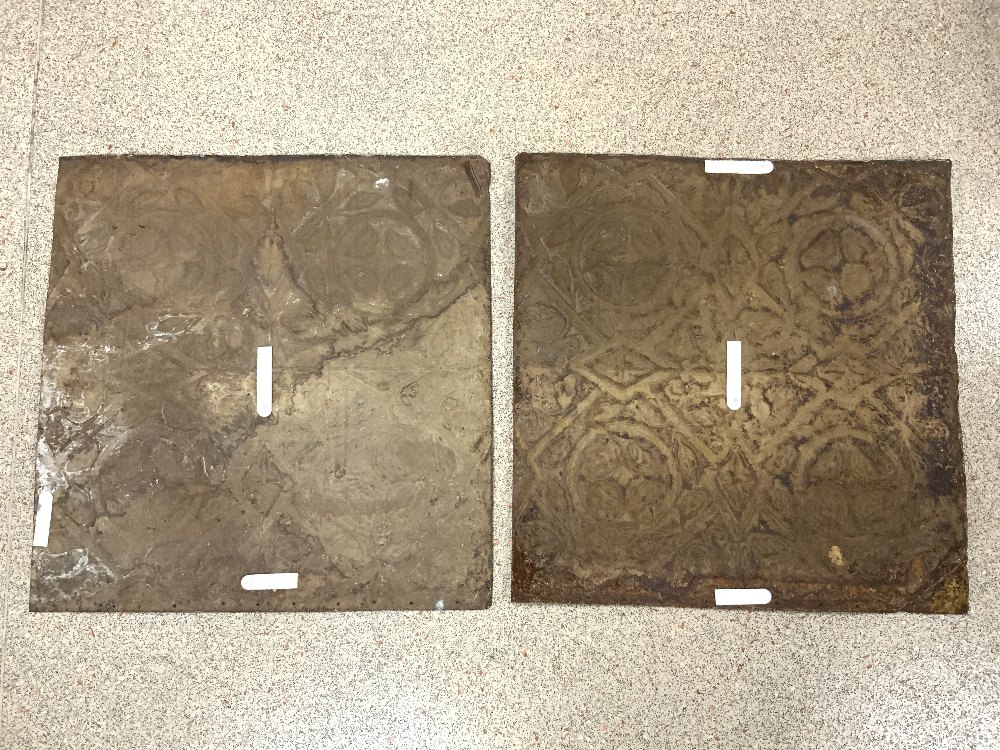 TWO DECORATVE EMBOSSED METAL WALL TILES, 60X59 CMS. - Image 2 of 2