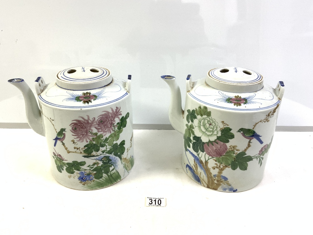 A PAIR OF LARGE CHINESE PORCELAIN STREET TEA POTS, DECORATED WITH BIRDS IN BLOSSOM TREES, [ 1