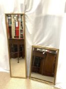 TWO MODERN BEVELLED WALL MIRRORS, 122X33, AND 66X50.