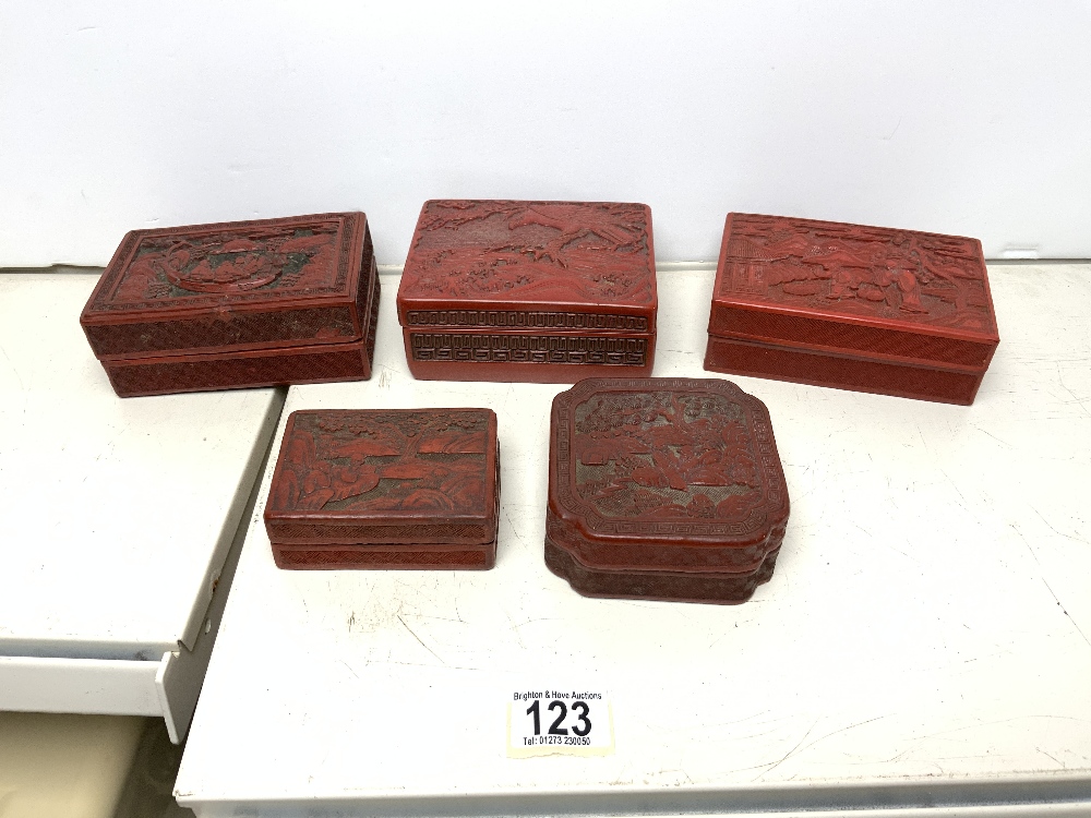 FIVE CHINESE RED CINEBAR LACQUER BOXES, 14X9 CMS LARGEST.