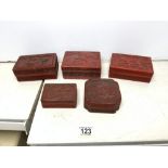 FIVE CHINESE RED CINEBAR LACQUER BOXES, 14X9 CMS LARGEST.