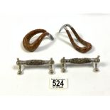 TWO SNAKE SKIN AND ALLUMINIUM PIPE RESTS, AND PAIR OF ANTLER KNIFE RESTS.