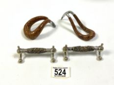 TWO SNAKE SKIN AND ALLUMINIUM PIPE RESTS, AND PAIR OF ANTLER KNIFE RESTS.