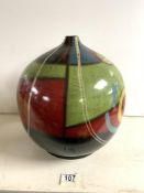 A MODERN ABSTRACT PATTERN COLOURED GLOBULAR CERAMIC VASE, 32 CMS.