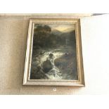 LARGE UNSIGNED 19TH CENTURY OIL ON CANVAS MAN SAT BY WATER RAPIDS GILDED FRAMED 92 X 116CM A/F