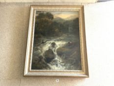 LARGE UNSIGNED 19TH CENTURY OIL ON CANVAS MAN SAT BY WATER RAPIDS GILDED FRAMED 92 X 116CM A/F